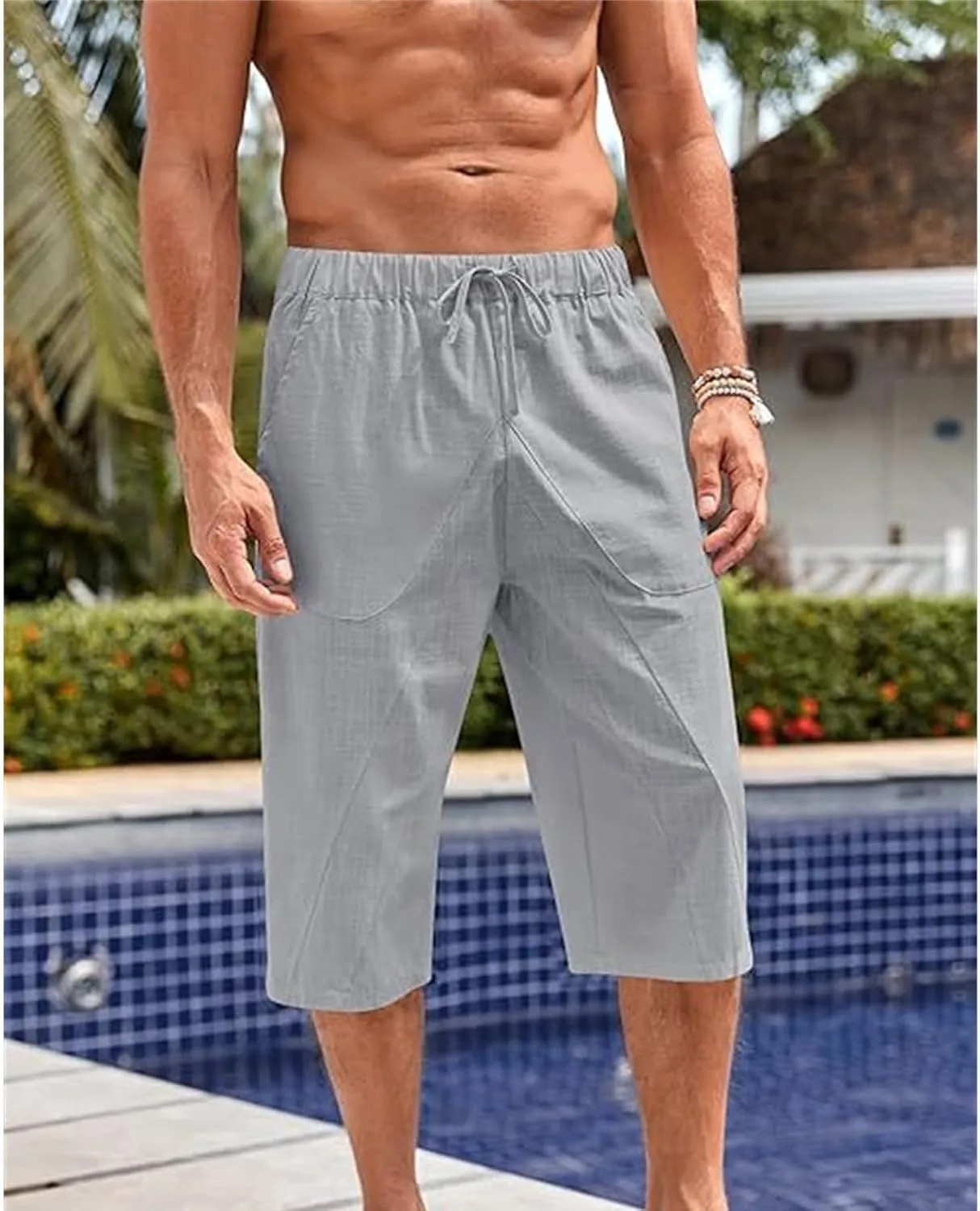Cotton Linen Capri Pants for Men Elastic Waist Drawstring Casual Lightweight Baggy Pants Outdoor Beach Yoga Sweatpants