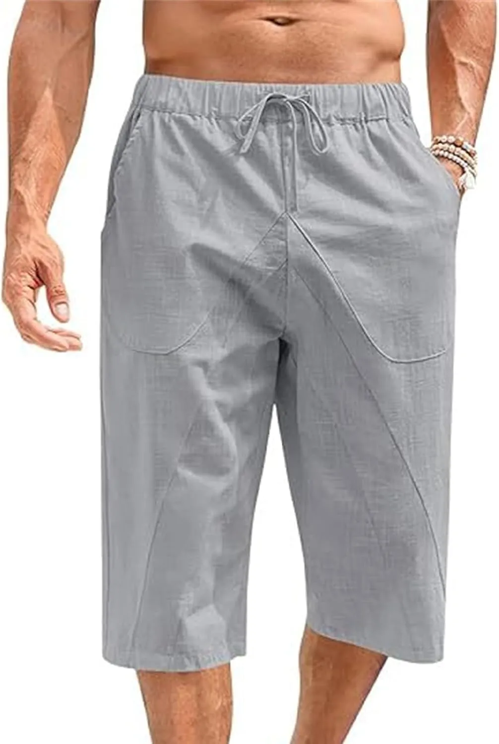 Cotton Linen Capri Pants for Men Elastic Waist Drawstring Casual Lightweight Baggy Pants Outdoor Beach Yoga Sweatpants