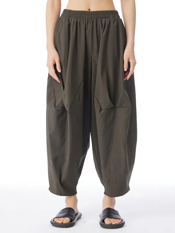 Elasticity Pleated Solid Color Split-Joint Harem Pants Loose Pants Cropped Trousers