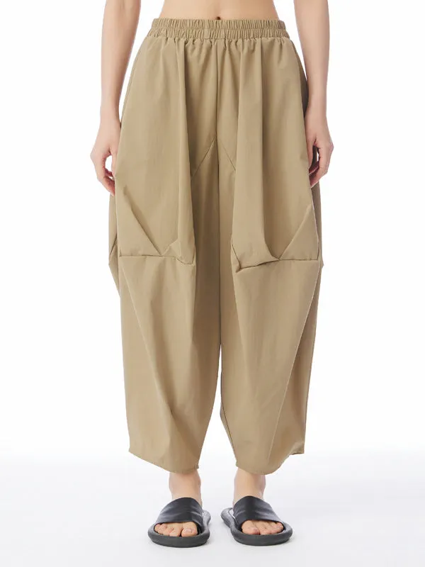 Elasticity Pleated Solid Color Split-Joint Harem Pants Loose Pants Cropped Trousers