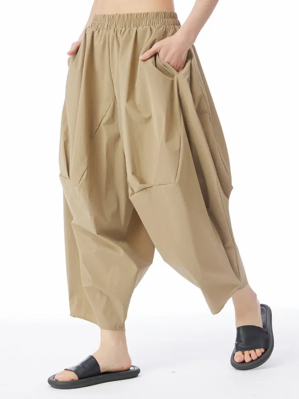 Elasticity Pleated Solid Color Split-Joint Harem Pants Loose Pants Cropped Trousers