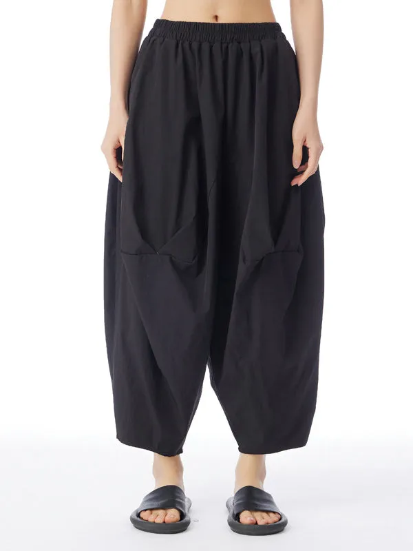 Elasticity Pleated Solid Color Split-Joint Harem Pants Loose Pants Cropped Trousers