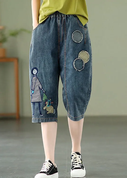 Elegant Blue Embroideried Print Elastic Waist Denim Crop Pants Summer LY1287