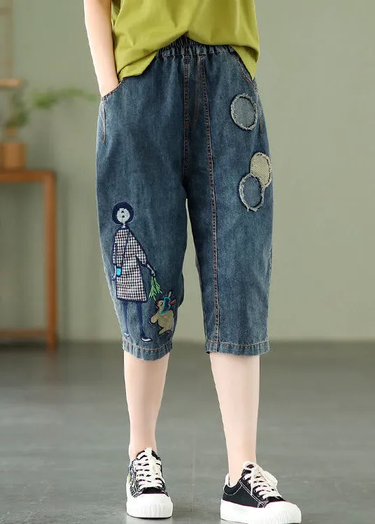 Elegant Blue Embroideried Print Elastic Waist Denim Crop Pants Summer LY1287