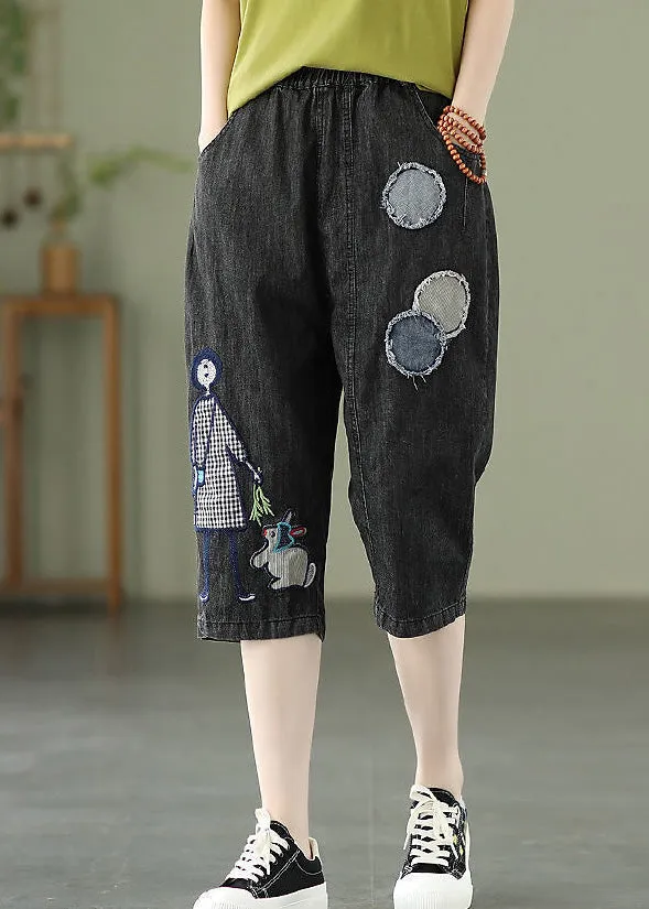 Elegant Blue Embroideried Print Elastic Waist Denim Crop Pants Summer LY1287