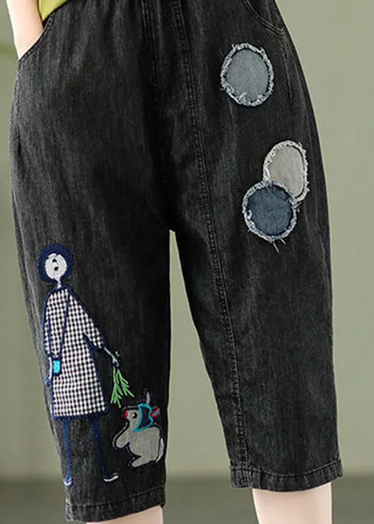 Elegant Blue Embroideried Print Elastic Waist Denim Crop Pants Summer LY1287