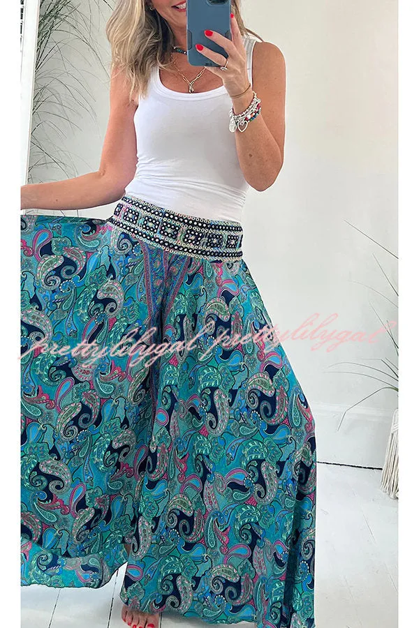 Ethnic Paisley Print Elastic Patchwork Waist Lightweight Pants