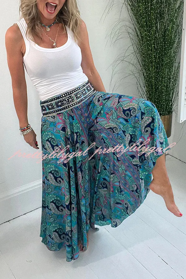 Ethnic Paisley Print Elastic Patchwork Waist Lightweight Pants