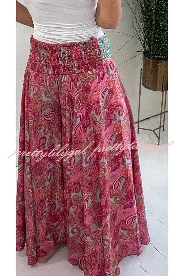 Ethnic Paisley Print Elastic Patchwork Waist Lightweight Pants