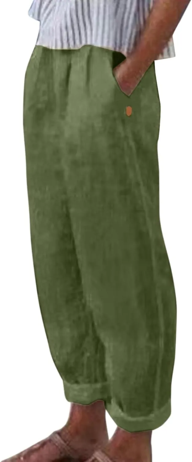 Linen Capri Pants for Women 2025 Elastic Waist Side Back Four Pockets 9/10 Pants Straight Leg Lounge Trousers with