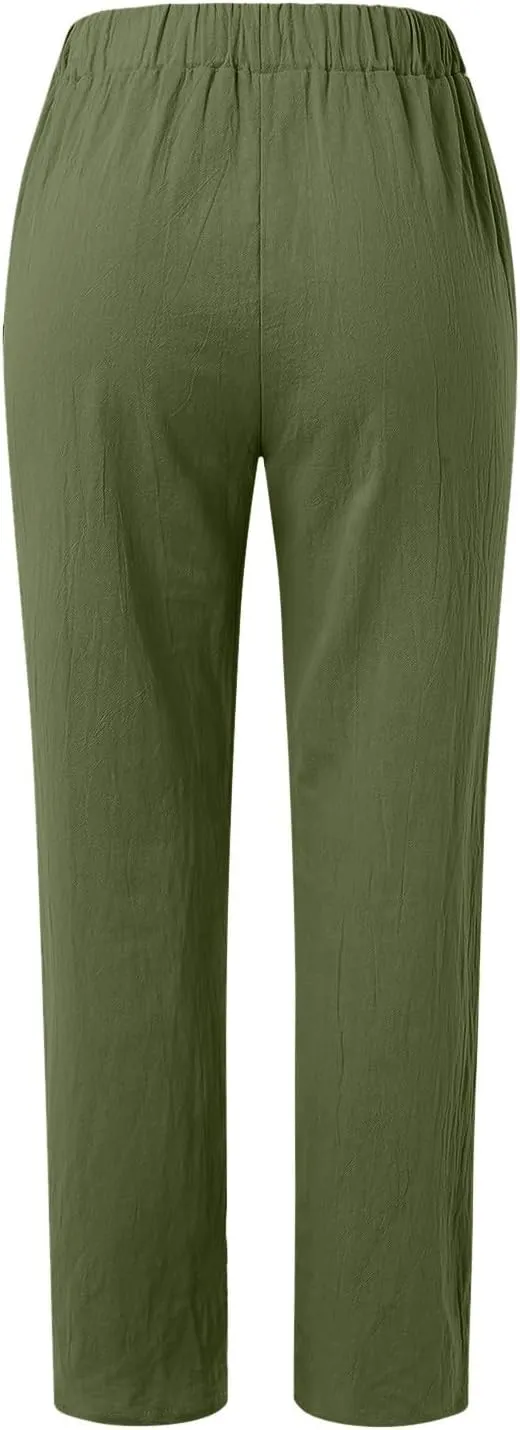 Linen Capri Pants for Women 2025 Elastic Waist Side Back Four Pockets 9/10 Pants Straight Leg Lounge Trousers with
