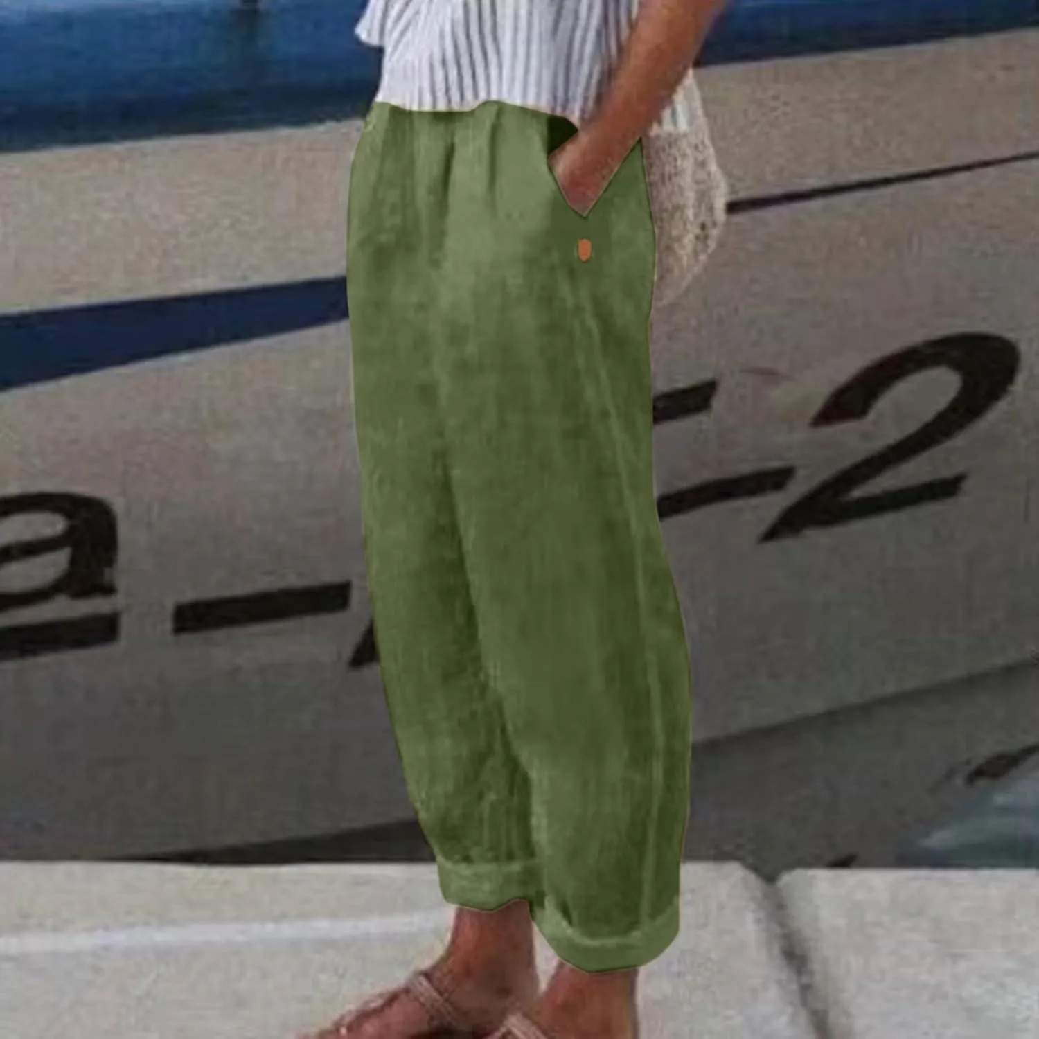 Linen Capri Pants for Women 2025 Elastic Waist Side Back Four Pockets 9/10 Pants Straight Leg Lounge Trousers with