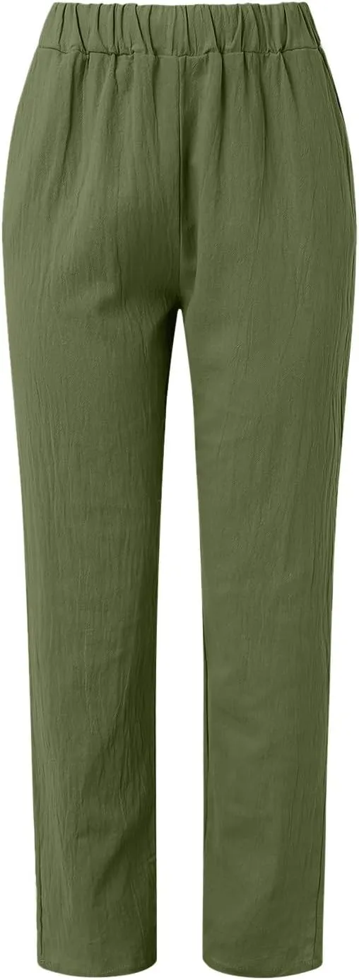 Linen Capri Pants for Women 2025 Elastic Waist Side Back Four Pockets 9/10 Pants Straight Leg Lounge Trousers with
