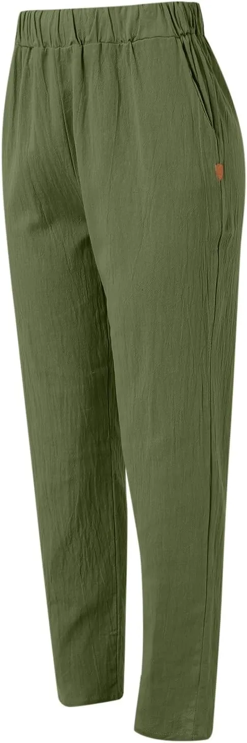 Linen Capri Pants for Women 2025 Elastic Waist Side Back Four Pockets 9/10 Pants Straight Leg Lounge Trousers with