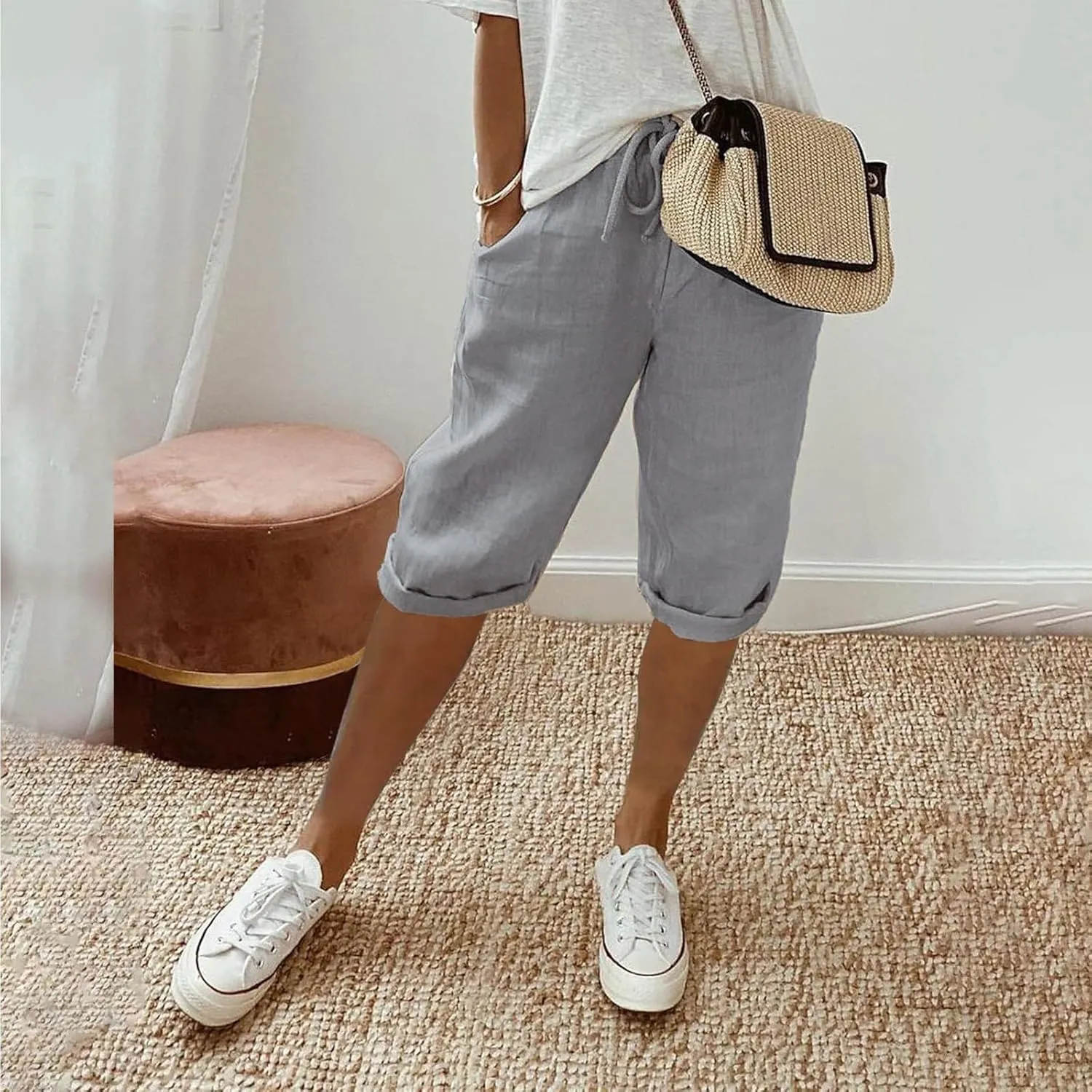 Linen Capri Pants for Women 2025 Ladies Loose Drawstring Casual Solid Color Petite Summer Beachwear Lightweight
