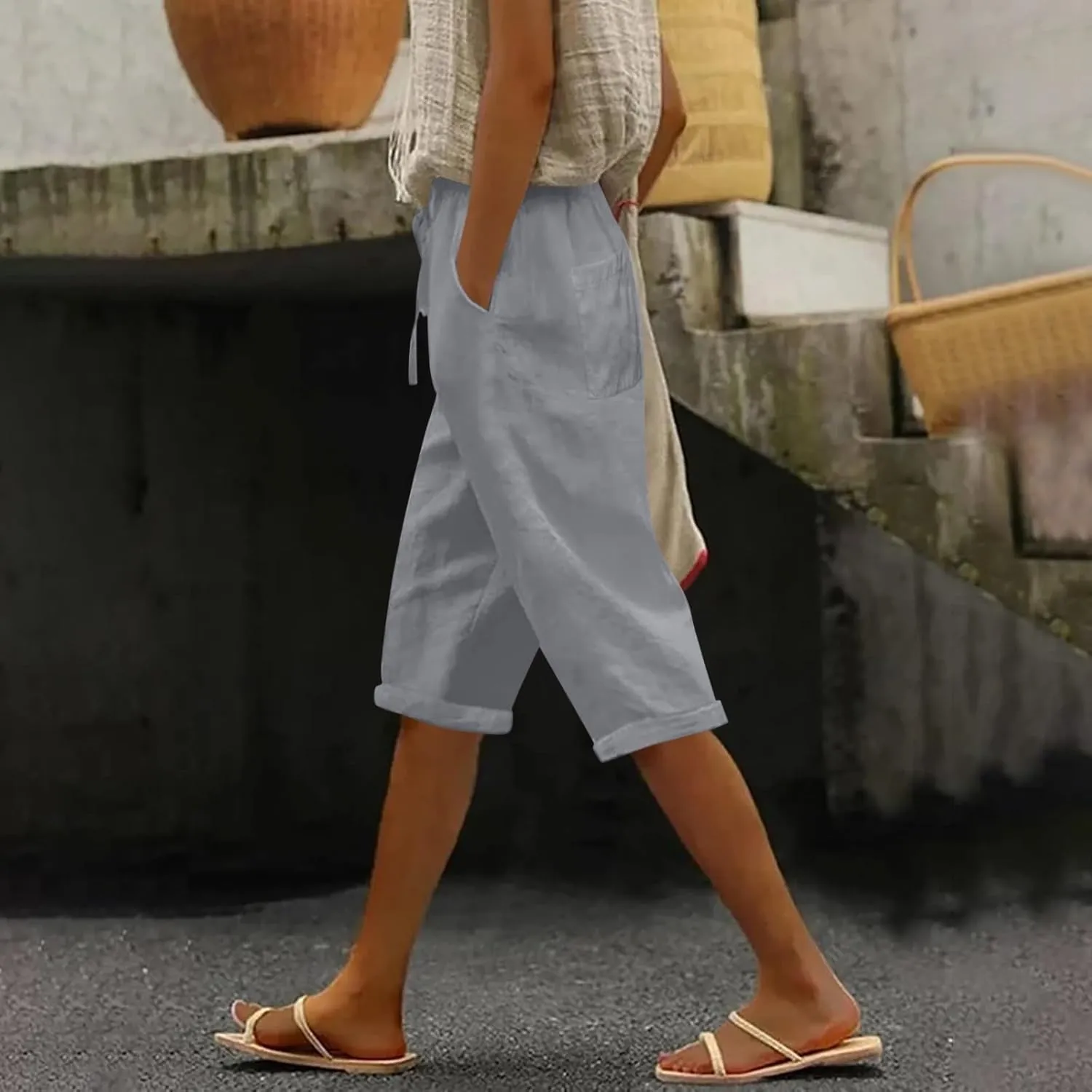 Linen Capri Pants for Women 2025 Ladies Loose Drawstring Casual Solid Color Petite Summer Beachwear Lightweight
