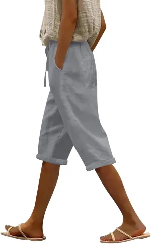 Linen Capri Pants for Women 2025 Ladies Loose Drawstring Casual Solid Color Petite Summer Beachwear Lightweight