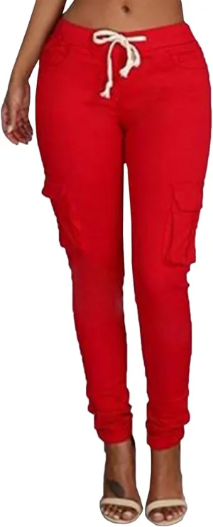 MACCHIASHINE Women's Multi-Pocket Elastic Waistband Cargo Pants Lace Up Skinny Joggers Sweatpants Casual Track Pants