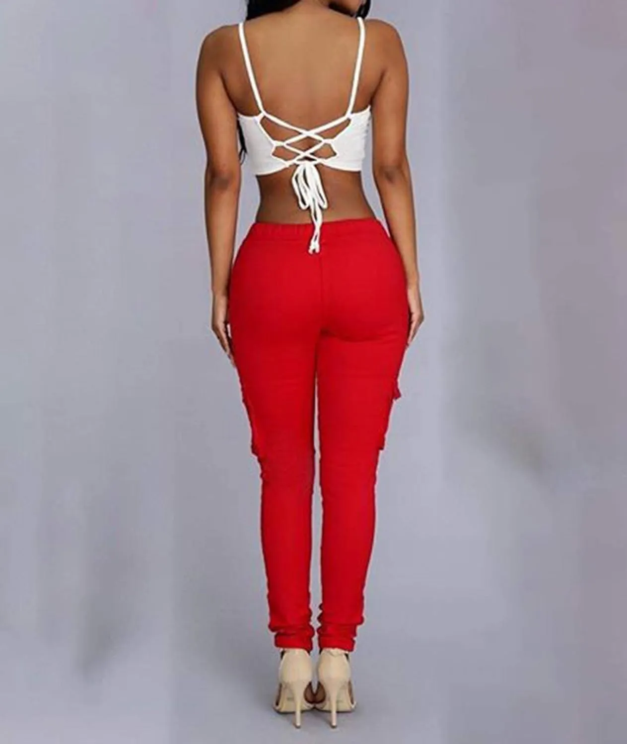 MACCHIASHINE Women's Multi-Pocket Elastic Waistband Cargo Pants Lace Up Skinny Joggers Sweatpants Casual Track Pants