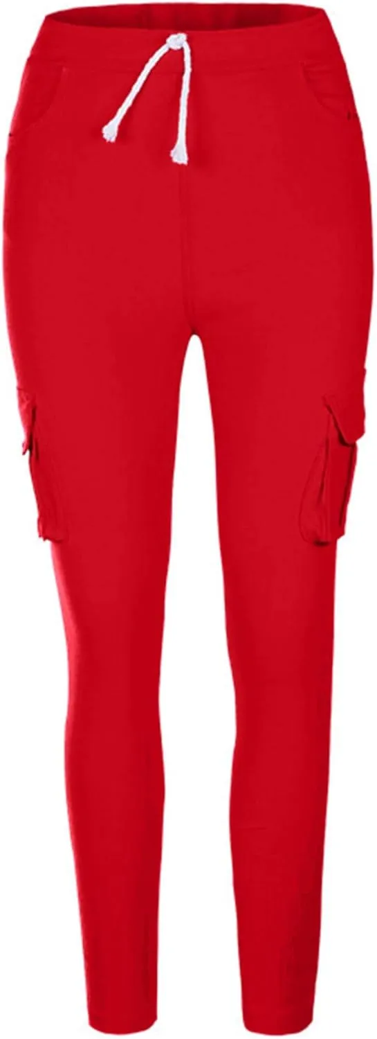 MACCHIASHINE Women's Multi-Pocket Elastic Waistband Cargo Pants Lace Up Skinny Joggers Sweatpants Casual Track Pants