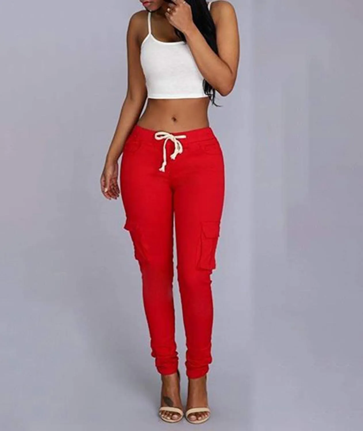 MACCHIASHINE Women's Multi-Pocket Elastic Waistband Cargo Pants Lace Up Skinny Joggers Sweatpants Casual Track Pants