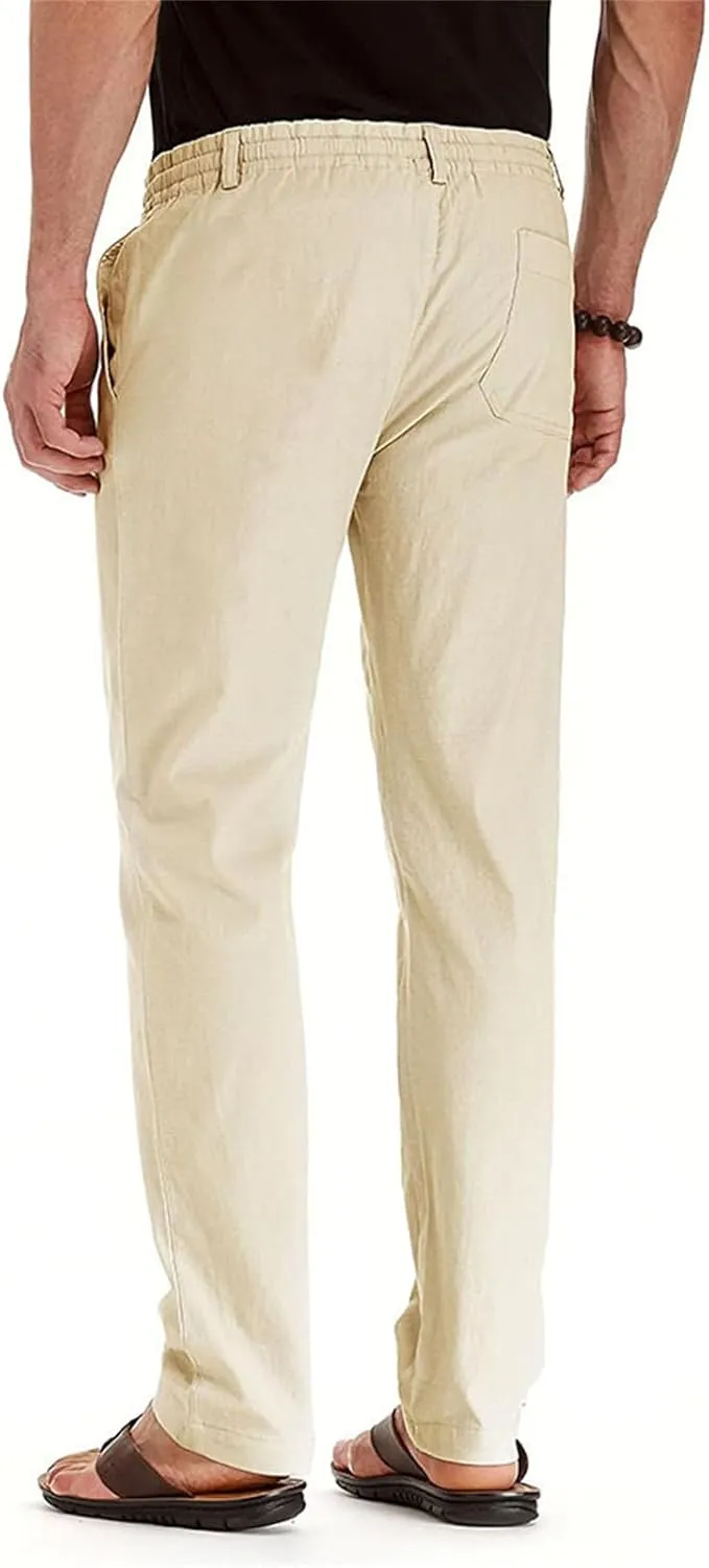 Mens Business Pants Drawstring Elastic Waist Casual Vintage Trendy Solid Pants Outdoor Joggers Trousers with Pockets