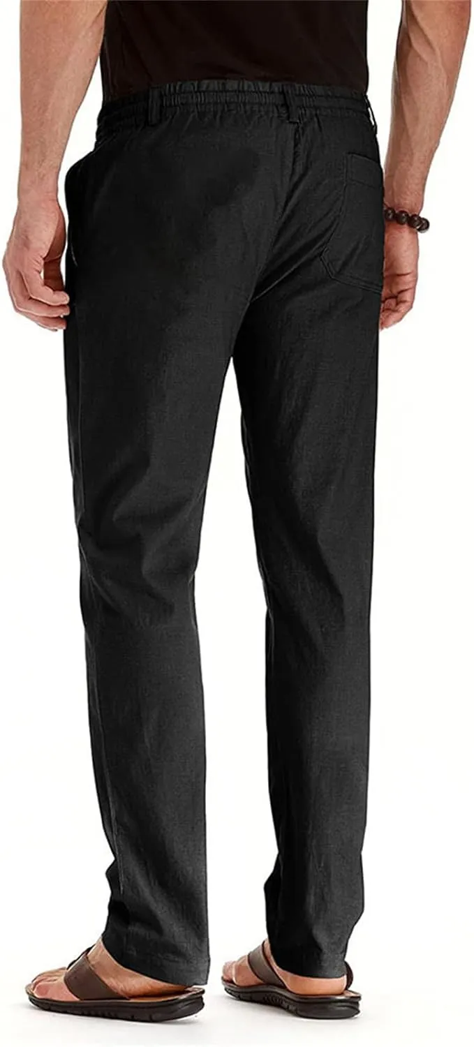 Mens Business Pants Drawstring Elastic Waist Casual Vintage Trendy Solid Pants Outdoor Joggers Trousers with Pockets