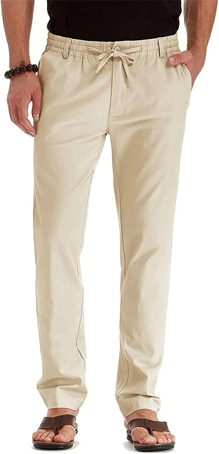 Mens Business Pants Drawstring Elastic Waist Casual Vintage Trendy Solid Pants Outdoor Joggers Trousers with Pockets