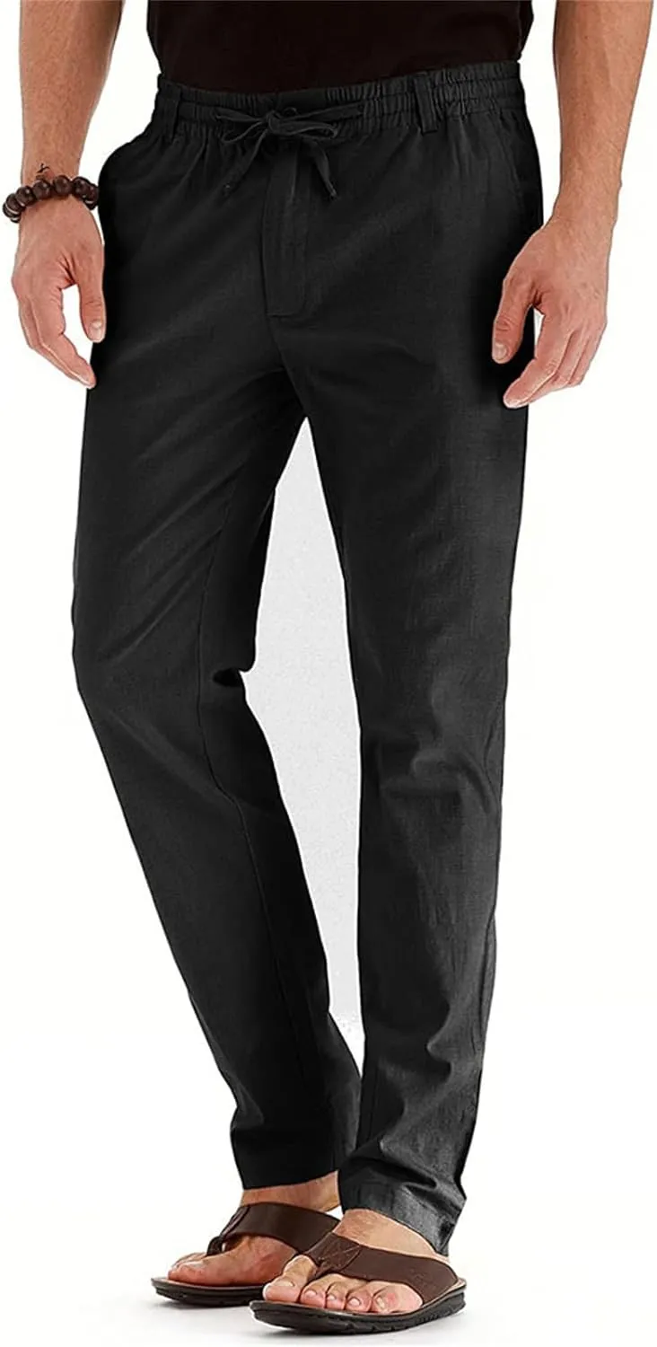 Mens Business Pants Drawstring Elastic Waist Casual Vintage Trendy Solid Pants Outdoor Joggers Trousers with Pockets