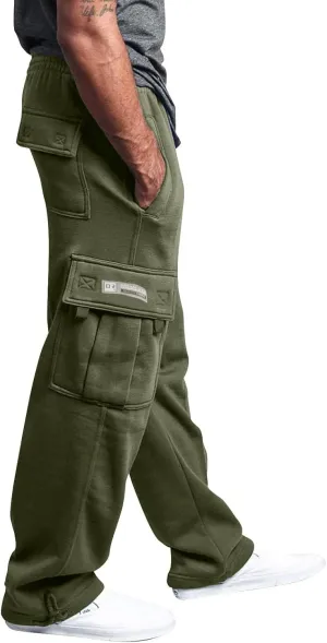 Men's Cargo Sweatpants for Men Open Bottom Fleece Hiking Jogger with Pockets Drawstring Gym Running Trousers