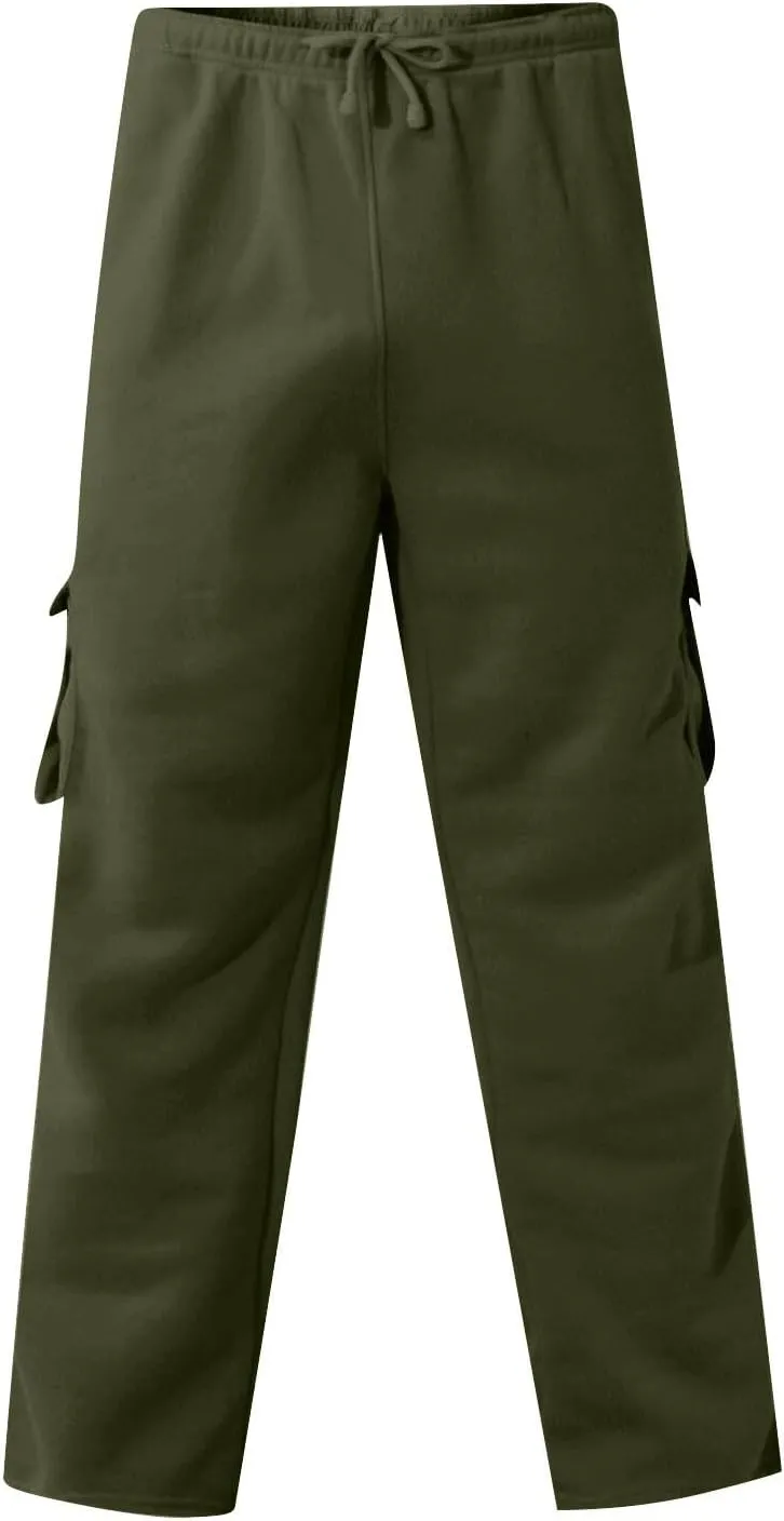 Men's Cargo Sweatpants for Men Open Bottom Fleece Hiking Jogger with Pockets Drawstring Gym Running Trousers