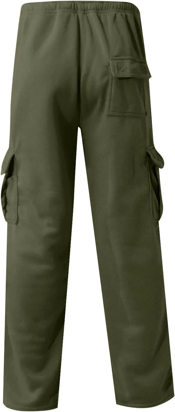 Men's Cargo Sweatpants for Men Open Bottom Fleece Hiking Jogger with Pockets Drawstring Gym Running Trousers