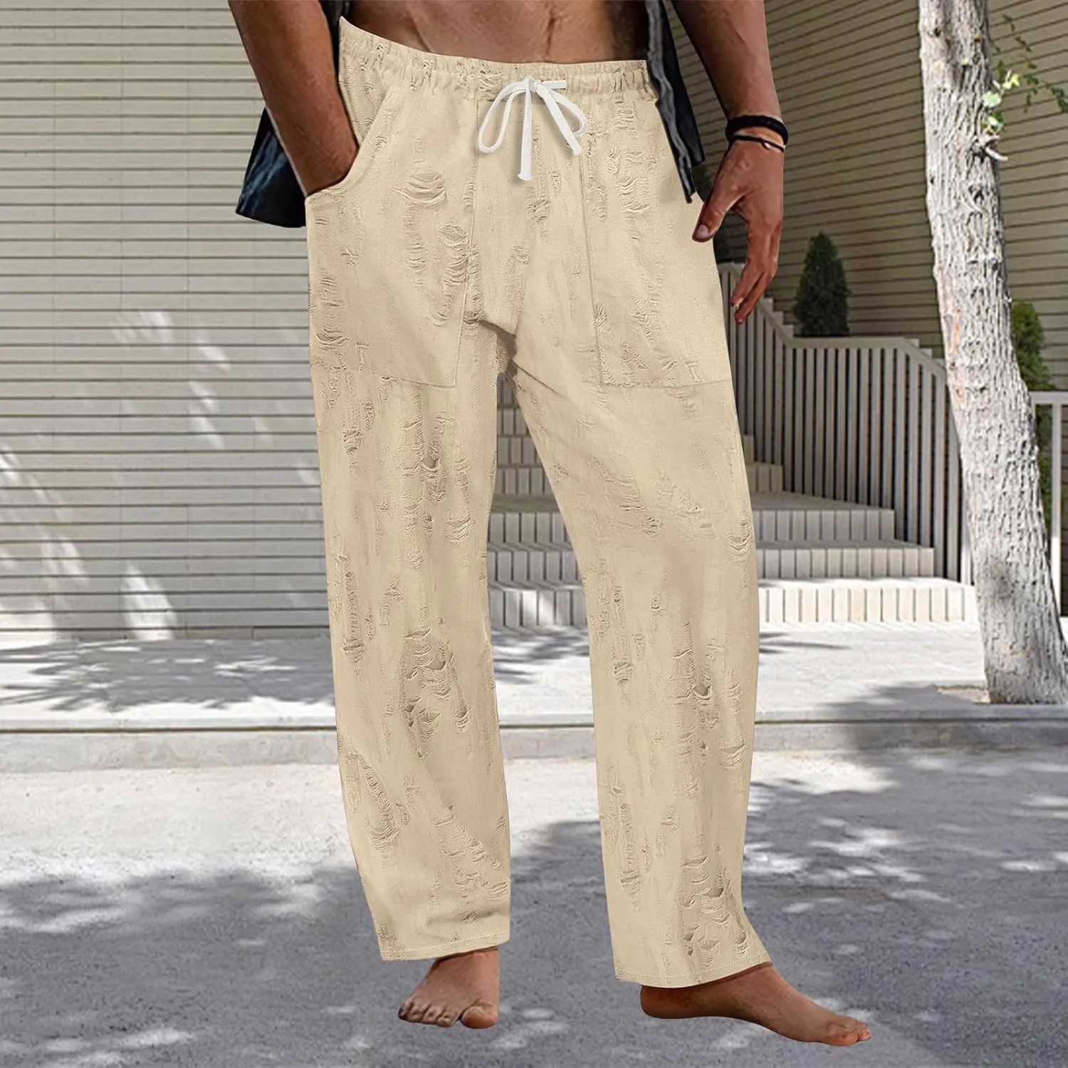 Mens Casual Pants Stretch Drawstring Elastic Waist Classic Loose Lightweight Solid Trousers Work Outdoor Sweatpants
