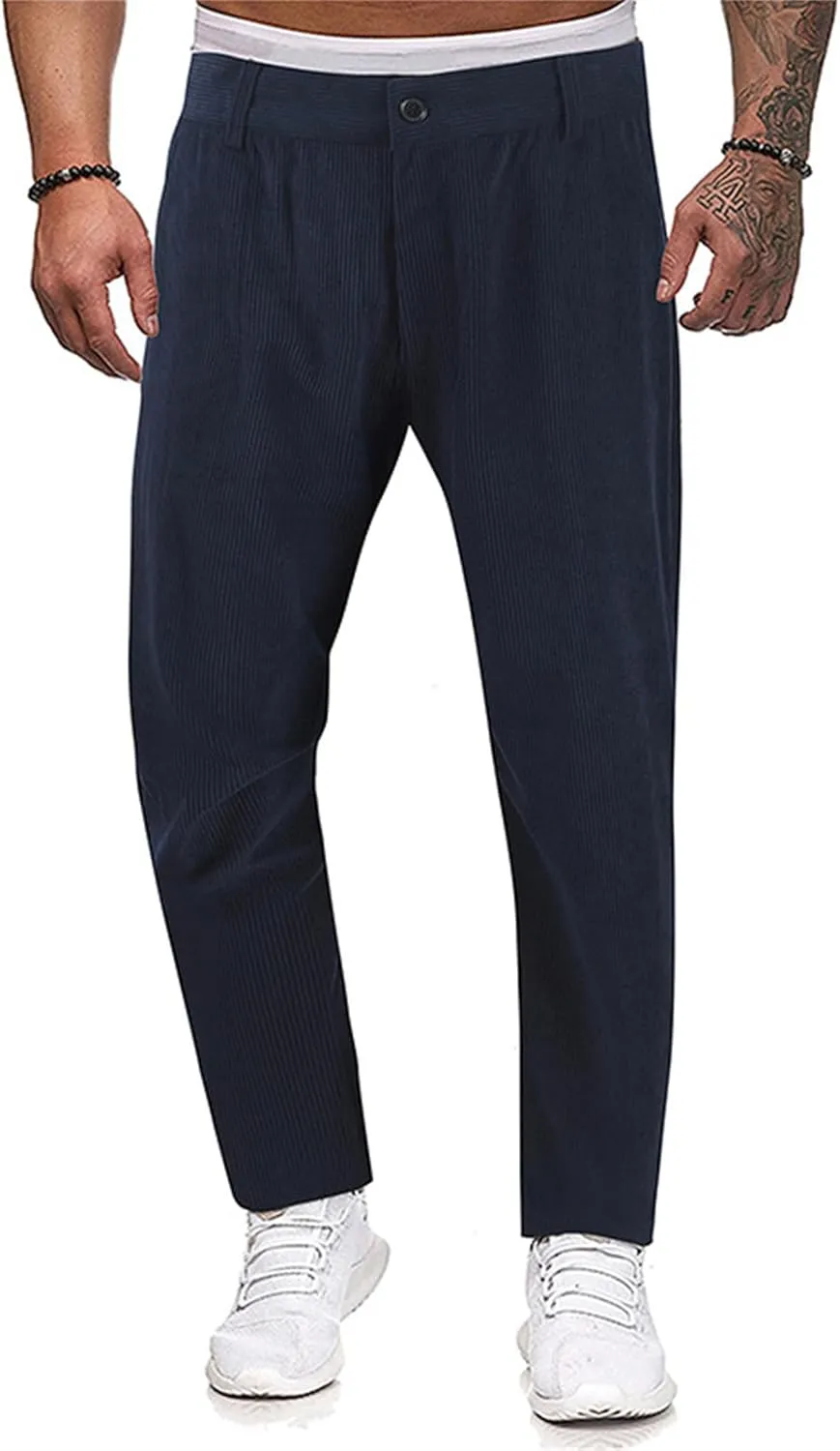 Mens Corduroy Pants Elastic Waist Stretch Casual Trendy Lightweight Fit Classic Solid Pants Workout Business Trousers