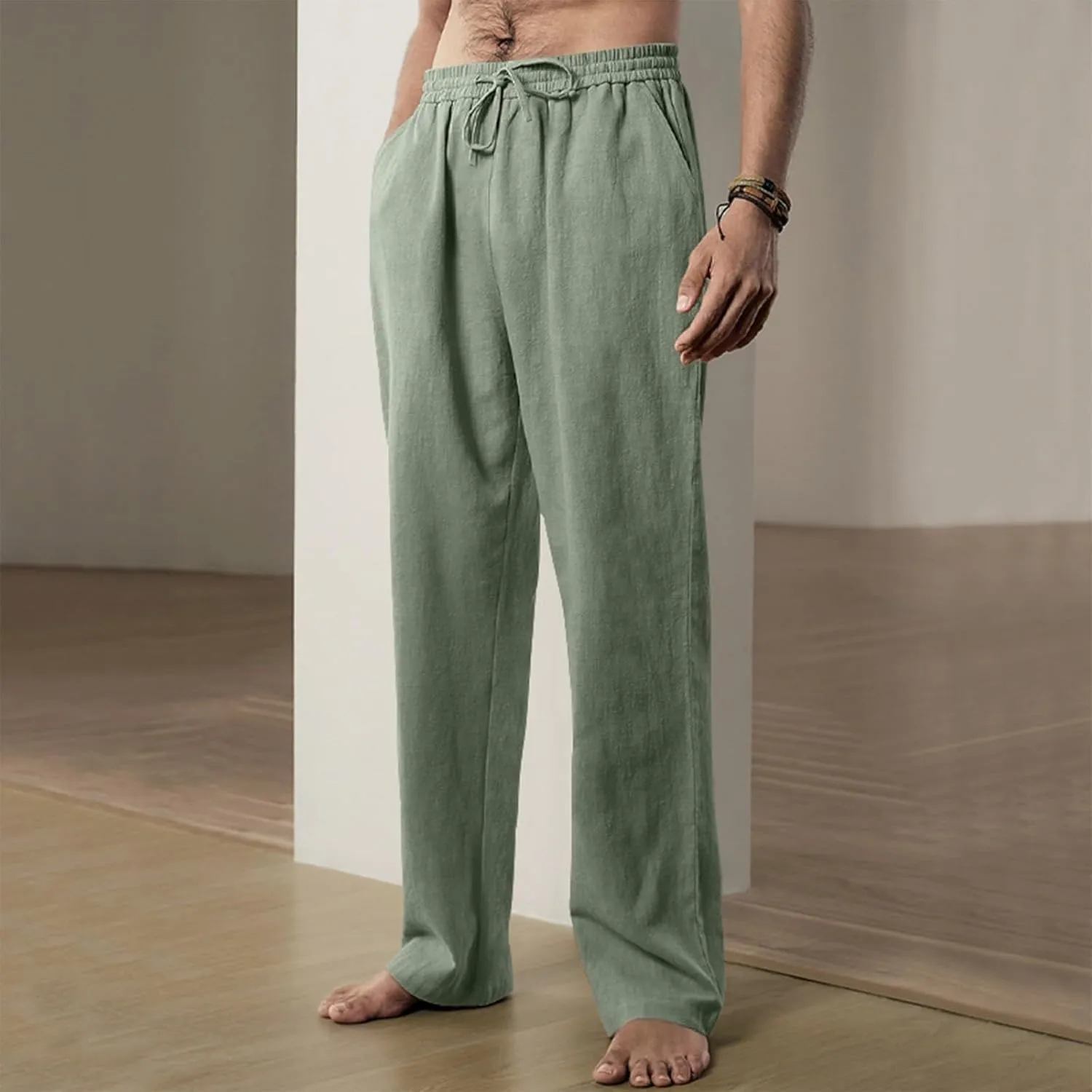 Men's Cotton Blend Pants Elastic Waist Drawstring Sweatpants with Pockets Loose Fit Joggers Workout Trousers