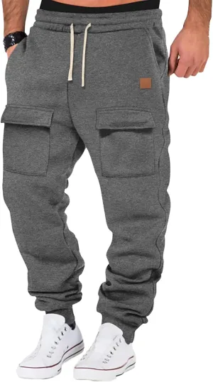 Mens Heavyweight Cargo Sweatpants Drawstring Baggy Casual Athletic Pants Elastic Waist Joggers Trousers with Pockets
