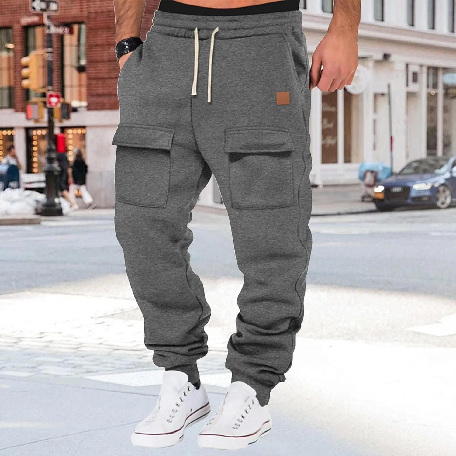 Mens Heavyweight Cargo Sweatpants Drawstring Baggy Casual Athletic Pants Elastic Waist Joggers Trousers with Pockets