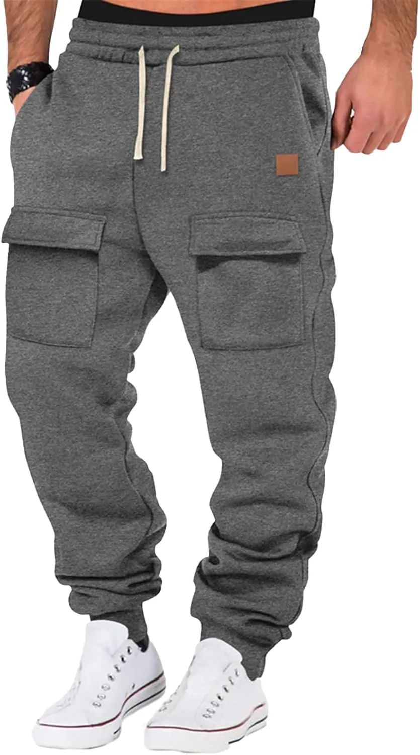 Mens Heavyweight Cargo Sweatpants Drawstring Baggy Casual Athletic Pants Elastic Waist Joggers Trousers with Pockets