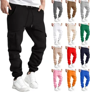 Men's Heavyweight Fleece Cargo Sweatpants with Multi Pockets Elastic Drawstring Workout Jogging Pants Baggy Trousers