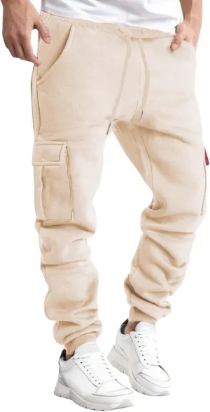 Men's Heavyweight Fleece Cargo Sweatpants with Multi Pockets Elastic Drawstring Workout Jogging Pants Baggy Trousers