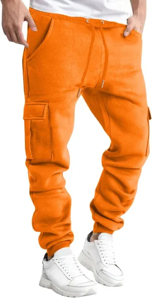 Men's Heavyweight Fleece Cargo Sweatpants with Multi Pockets Elastic Drawstring Workout Jogging Pants Baggy Trousers