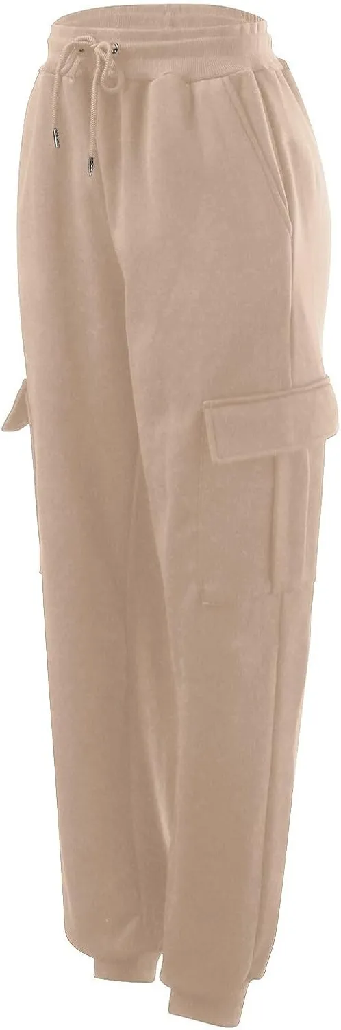 Men's Heavyweight Fleece Cargo Sweatpants with Multi Pockets Elastic Drawstring Workout Jogging Pants Baggy Trousers