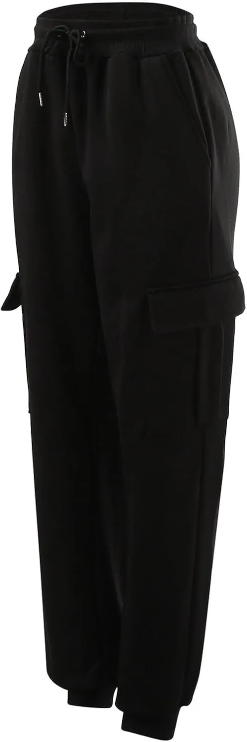 Men's Heavyweight Fleece Cargo Sweatpants with Multi Pockets Elastic Drawstring Workout Jogging Pants Baggy Trousers
