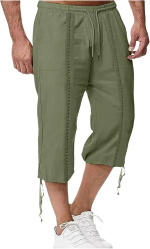 Mens Linen Capri Pants Casual Lightweight Trendy Drawstring Elastic Waist Short Pants Baggy 3/4 Beach Yoga Trousers