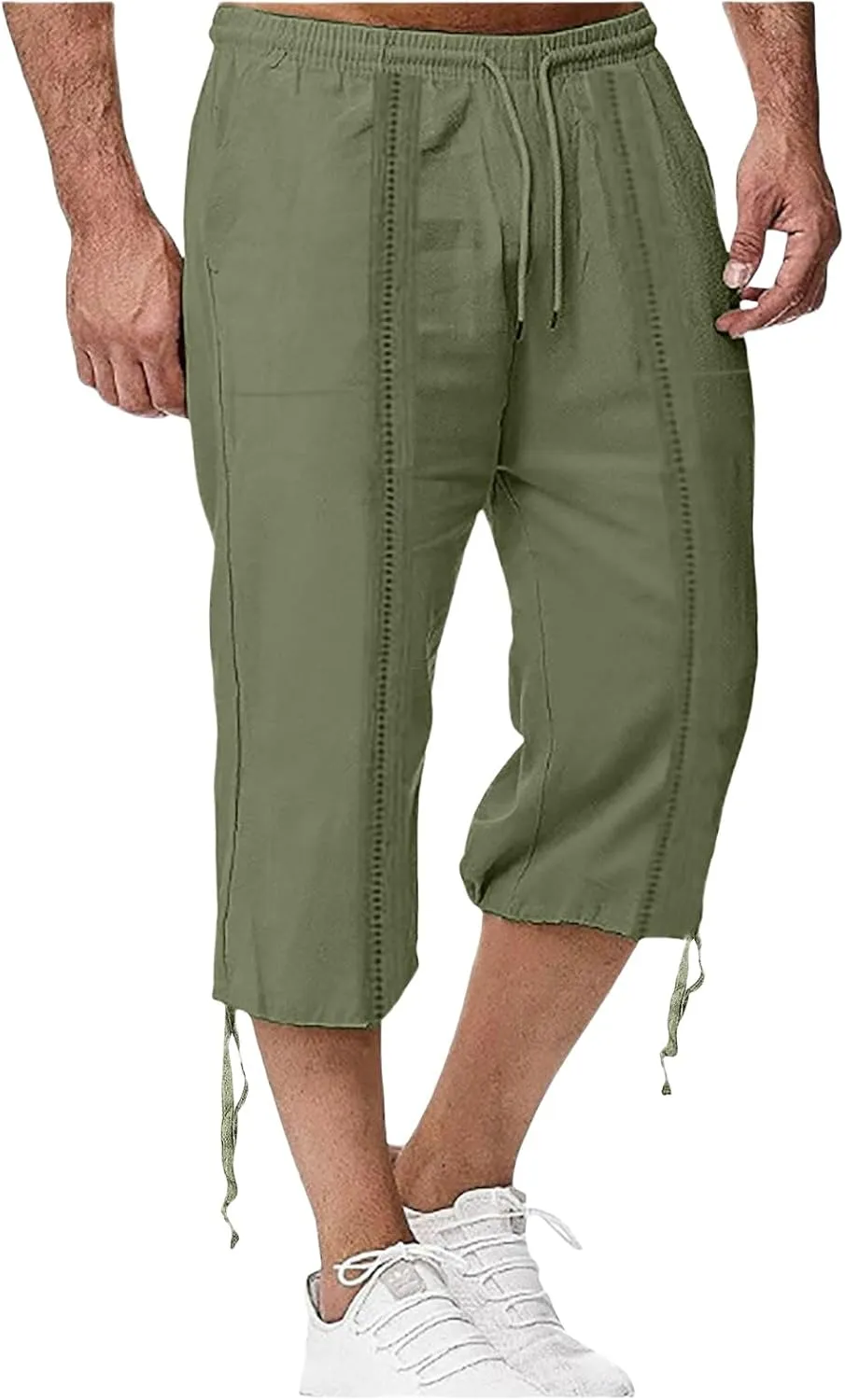 Mens Linen Capri Pants Casual Lightweight Trendy Drawstring Elastic Waist Short Pants Baggy 3/4 Beach Yoga Trousers