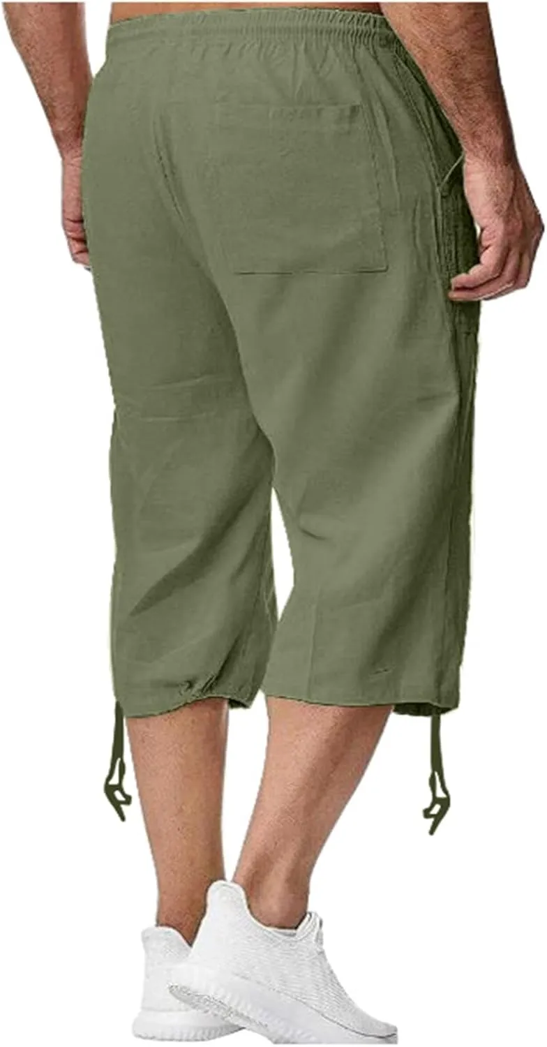 Mens Linen Capri Pants Casual Lightweight Trendy Drawstring Elastic Waist Short Pants Baggy 3/4 Beach Yoga Trousers