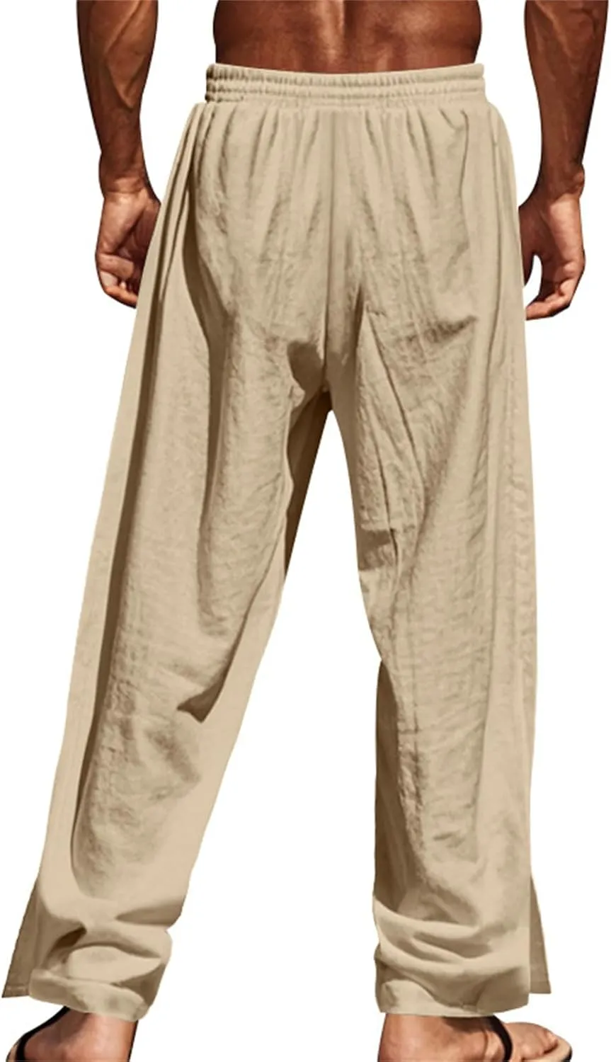 Mens Straight Leg Linen Pants Button Drawstring Elastic Waist Casual Loose Fit Sweatpants Beach Trousers with Pockets