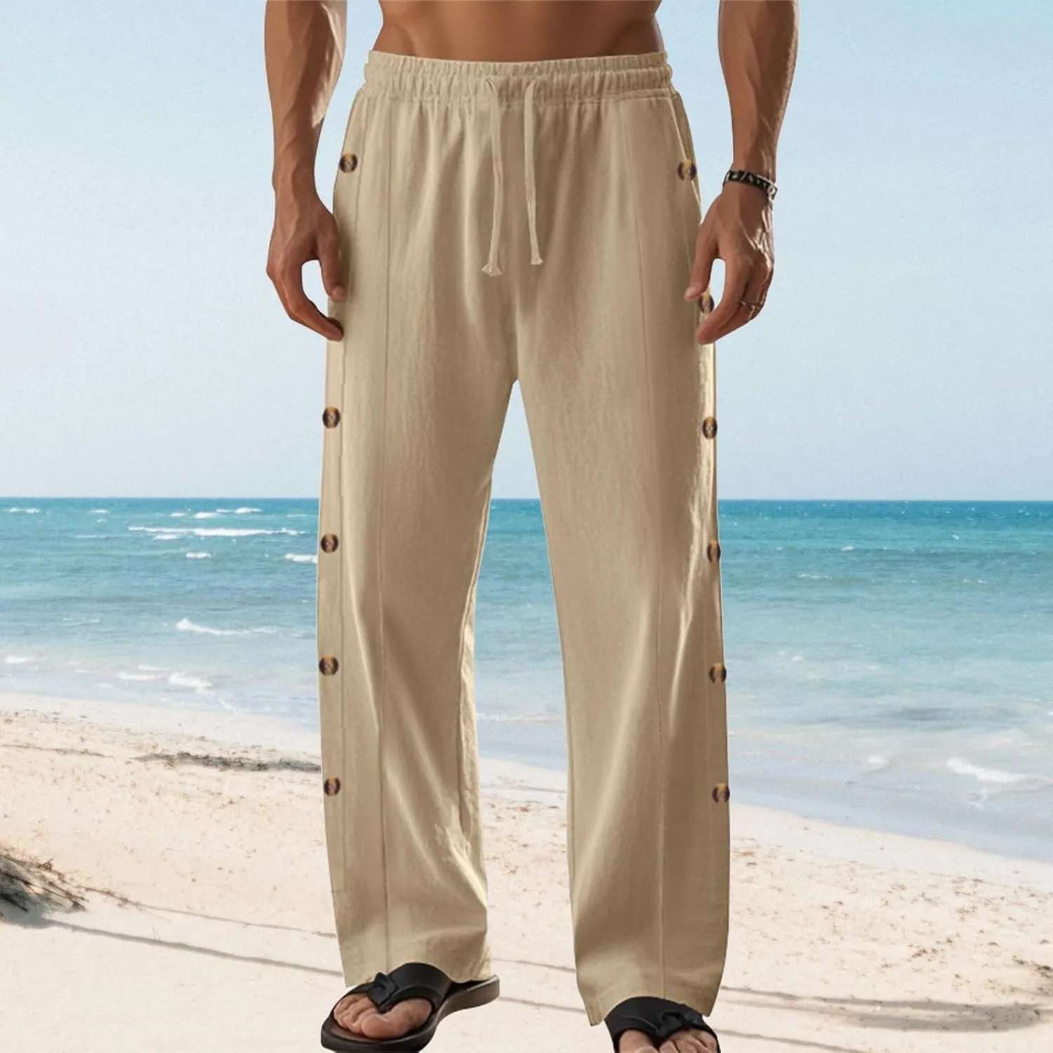 Mens Straight Leg Linen Pants Button Drawstring Elastic Waist Casual Loose Fit Sweatpants Beach Trousers with Pockets