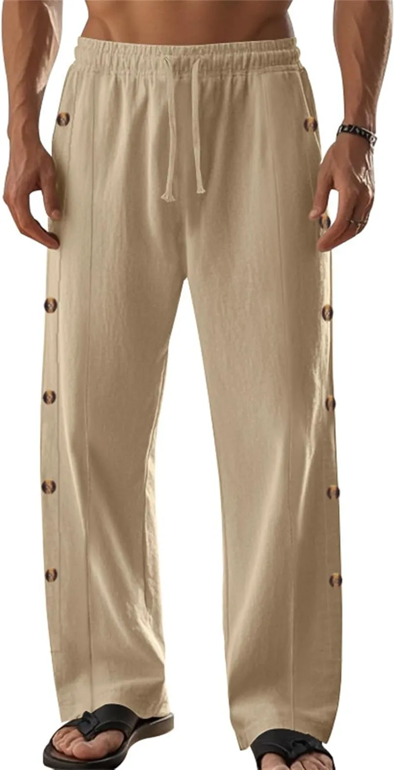 Mens Straight Leg Linen Pants Button Drawstring Elastic Waist Casual Loose Fit Sweatpants Beach Trousers with Pockets
