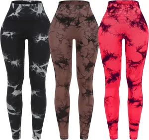 OVESPORT 3 Pack Tie Dye Seamless High Waisted Workout Leggings for Women Scrunch Butt Lifting Yoga Gym Athletic Pants